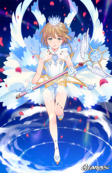 Anime picture 900x1391 with card captor sakura clamp kinomoto sakura gearous single tall image looking at viewer blush fringe short hair open mouth brown hair standing holding green eyes signed full body bent knee (knees) floating hair standing on one leg