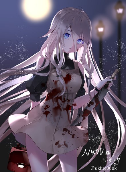 Anime picture 1200x1634 with vocaloid ia (vocaloid) yuuki kira single long hair tall image looking at viewer fringe open mouth blue eyes hair between eyes standing signed silver hair ahoge outdoors braid (braids) head tilt blurry night