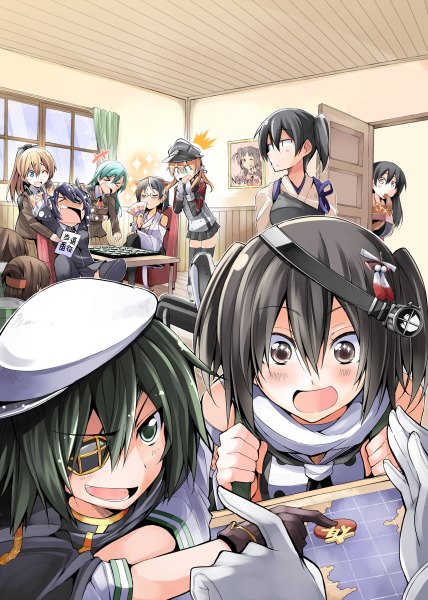 Anime picture 856x1200 with kantai collection kaga aircraft carrier suzuya heavy cruiser tenryuu light cruiser prinz eugen (kantai collection) inazuma destroyer akagi aircraft carrier ikazuchi destroyer kirishima battleship sendai light cruiser admiral (kantai collection) kumano heavy cruiser kiso light cruiser naka light cruiser vivi (eve no hakoniwa) long hair tall image blush fringe short hair