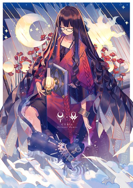 Anime picture 849x1200 with cybil zicai tang single tall image fringe brown hair sitting full body blunt bangs eyes closed very long hair traditional clothes drill hair crescent ripples girl flower (flowers) animal glasses bracelet