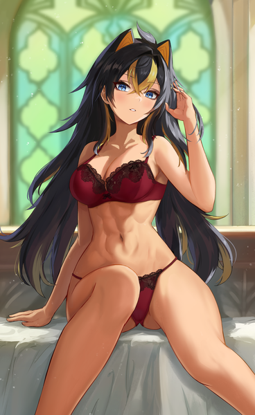 Anime picture 1394x2273 with genshin impact dehya (genshin impact) sauvignon single long hair tall image looking at viewer blush fringe breasts blue eyes light erotic black hair hair between eyes sitting animal ears ahoge indoors parted lips multicolored hair