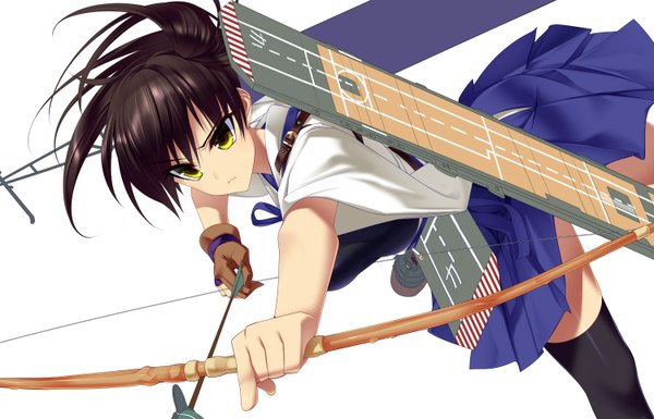 Anime picture 1500x964 with kantai collection kaga aircraft carrier dragonmaterial single long hair looking at viewer black hair white background yellow eyes girl weapon bow (weapon)
