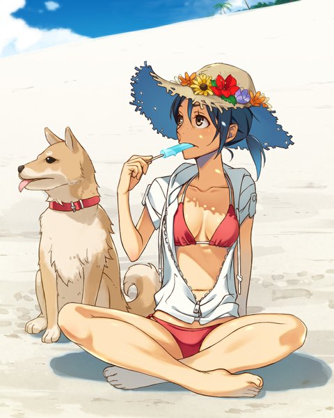 Anime picture 800x1000 with original kimura (ykimu) long hair tall image open mouth sitting brown eyes blue hair looking away sky cloud (clouds) bent knee (knees) barefoot sunlight open clothes open jacket bare belly bare legs shadow no shoes