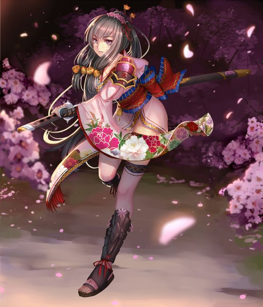 Anime picture 1500x1750 with original musynexsk single long hair tall image black hair purple eyes looking away traditional clothes japanese clothes dark background girl hair ornament weapon petals sword kimono katana
