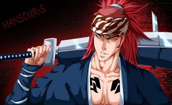 Anime picture 1200x733 with bleach studio pierrot abarai renji mansour-s single long hair red eyes wide image ponytail red hair traditional clothes japanese clothes tattoo coloring boy weapon kimono bandana huge weapon huge sword