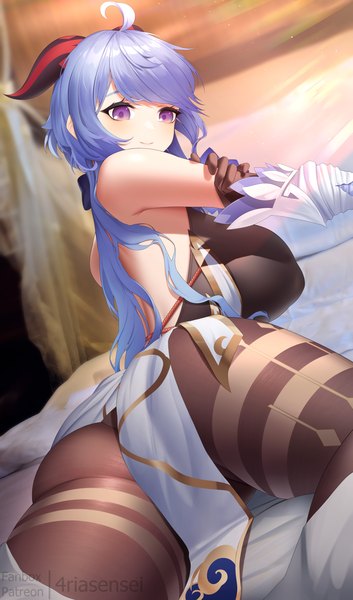 Anime picture 1000x1700 with genshin impact ganyu (genshin impact) fouriasensei single long hair tall image looking at viewer blush fringe breasts light erotic smile large breasts purple eyes bare shoulders signed blue hair ahoge ass indoors