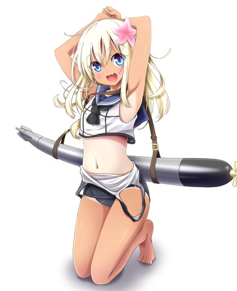 Anime picture 1050x1289 with kantai collection ro-500 submarine evandragon single long hair tall image looking at viewer blush open mouth blue eyes light erotic blonde hair simple background smile white background full body barefoot hair flower arms up armpit (armpits)