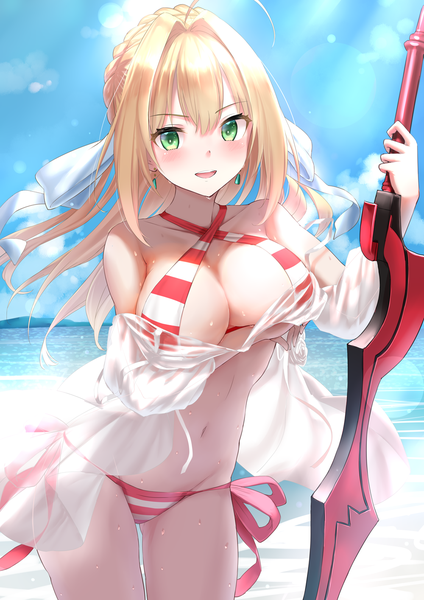 Anime picture 1000x1414 with fate (series) fate/grand order nero claudius (fate) nero claudius (swimsuit caster) (fate) kachayori single long hair tall image looking at viewer blush fringe breasts open mouth light erotic blonde hair smile hair between eyes large breasts standing green eyes