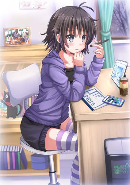 Anime picture 1200x1697 with nichijou original kyoto animation sakamoto (nichijou) kazenokaze single tall image blush short hair black hair sitting black eyes girl thighhighs animal cat sweater striped thighhighs iphone