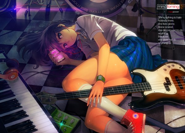 Anime picture 3359x2426 with original converse maxpower (artist) single long hair highres blue eyes black hair absurdres lying checkered floor girl skirt miniskirt shirt socks headphones white socks sneakers guitar