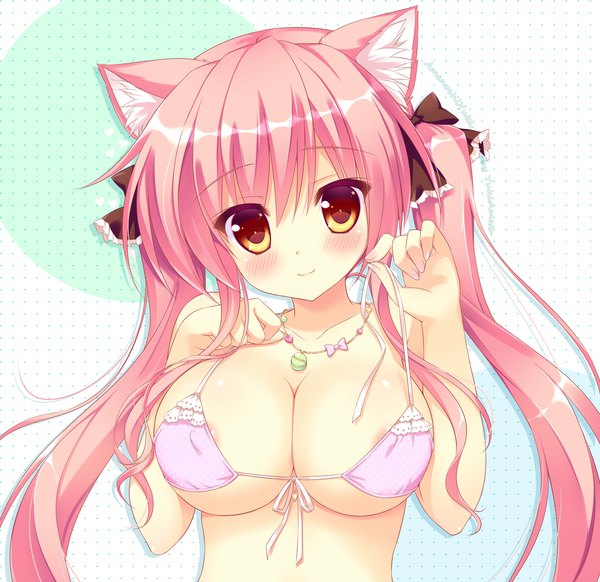 Anime picture 1100x1067 with original macaron (ameto yuki) ameto yuki single long hair looking at viewer blush fringe breasts light erotic simple background smile large breasts twintails animal ears yellow eyes pink hair pink eyes cat ears undressing