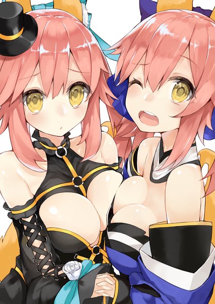Anime picture 1000x1412 with fate (series) fate/extra fate/extra ccc type-moon tamamo (fate) (all) tamamo no mae (fate) kou mashiro long hair tall image looking at viewer blush breasts light erotic simple background white background multiple girls animal ears yellow eyes pink hair one eye closed