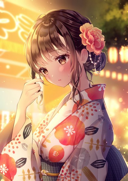 Anime picture 1003x1416 with original yugirlpict single long hair tall image blush brown hair brown eyes payot looking away upper body outdoors traditional clothes japanese clothes hair bun (hair buns) sweat floral print adjusting hair girl hair ornament