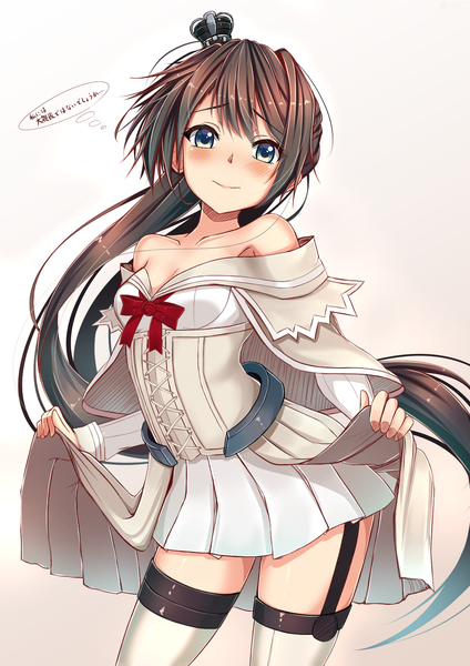 Anime picture 1191x1684 with kantai collection warspite (kantai collection) houshou light aircraft carrier sazamiso rx single tall image looking at viewer blush fringe simple background smile bare shoulders holding cleavage ponytail very long hair pleated skirt aqua eyes off shoulder grey background