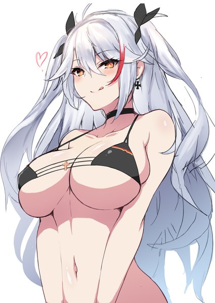 Anime picture 1200x1694 with azur lane prinz eugen (azur lane) prinz eugen (unfading smile) (azur lane) nakatama kyou single long hair tall image looking at viewer blush fringe breasts light erotic simple background smile hair between eyes large breasts white background bare shoulders payot cleavage
