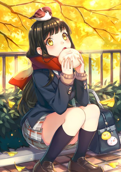 Anime picture 1500x2118 with original zoff (daria) single long hair tall image looking at viewer blush fringe open mouth black hair sitting yellow eyes outdoors blunt bangs sunlight eating autumn animal on head bird on head girl