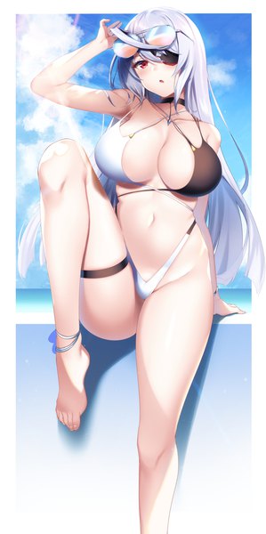 Anime picture 1525x3060 with infinite stratos azur lane 8bit laura bodewig tosa (azur lane) raiou single long hair tall image looking at viewer blush breasts open mouth light erotic red eyes large breasts sky cleavage purple hair cloud (clouds)