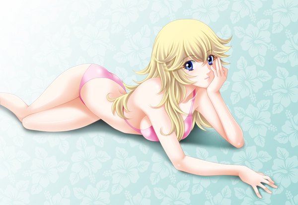 Anime picture 1600x1100 with super mario bros. nintendo princess peach tamamon single long hair looking at viewer blush blue eyes light erotic blonde hair lying bare legs shiny skin sideboob on stomach head rest shiny girl swimsuit