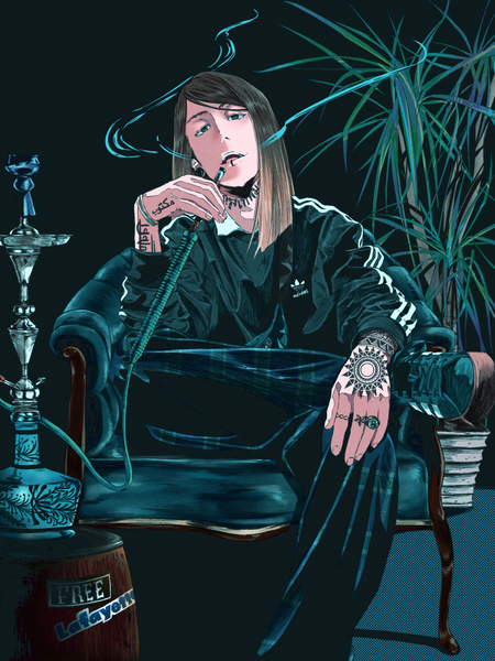 Anime picture 900x1200 with original adidas chobe 2 single long hair tall image looking at viewer open mouth brown hair sitting holding brown eyes full body head tilt tattoo piercing black background ear piercing smoke smoking