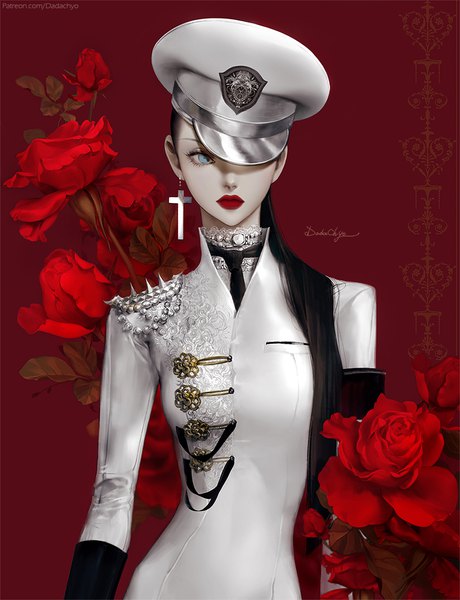 Anime picture 850x1108 with original dadachyo single long hair tall image looking at viewer breasts black hair simple background standing signed upper body aqua eyes lips lipstick red background red lipstick makeup covering eye (eyes) hat over eyes