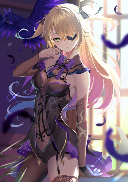 Anime picture 2605x3684 with genshin impact fischl (genshin impact) oz (genshin impact) mishiro (ixtlolton) single long hair tall image looking at viewer blush fringe highres breasts light erotic blonde hair hair between eyes standing bare shoulders green eyes payot indoors