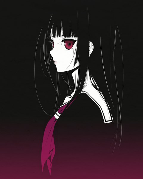 Anime picture 1200x1500 with hell girl studio deen enma ai murakami suigun single long hair tall image fringe black hair simple background blunt bangs profile pink eyes gradient background portrait white skin blending girl uniform serafuku