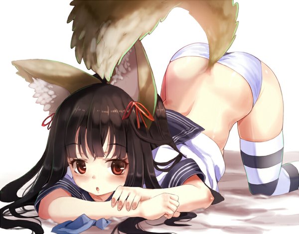 Anime picture 900x706 with original sumisu (mondo) single long hair looking at viewer blush fringe open mouth light erotic simple background brown hair white background animal ears ass tail animal tail :o short sleeves fox ears shiny skin