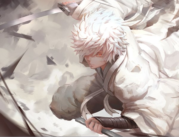 Anime picture 1172x900 with gintama sunrise (studio) sakata gintoki zxq single looking at viewer fringe short hair red eyes holding bent knee (knees) white hair long sleeves traditional clothes hair over one eye wide sleeves boy weapon sword sheath