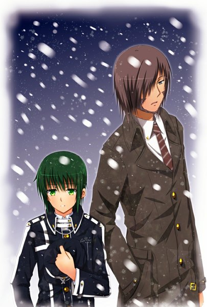 Anime picture 675x1000 with angel beats! key (studio) naoi ayato char (angel beats!) swordsouls tall image blush fringe short hair open mouth brown hair green eyes green hair hair over one eye grey eyes snowing snow framed hand in pocket bristle