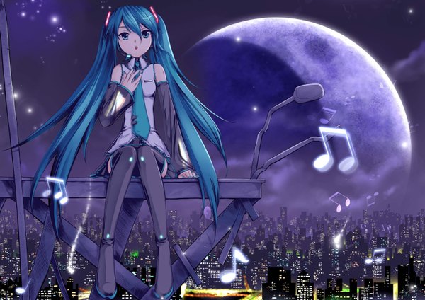 Anime picture 2923x2067 with vocaloid hatsune miku r.p.s long hair highres cloud (clouds) aqua hair night night sky city crescent city lights girl thighhighs detached sleeves necktie headphones moon microphone musical note