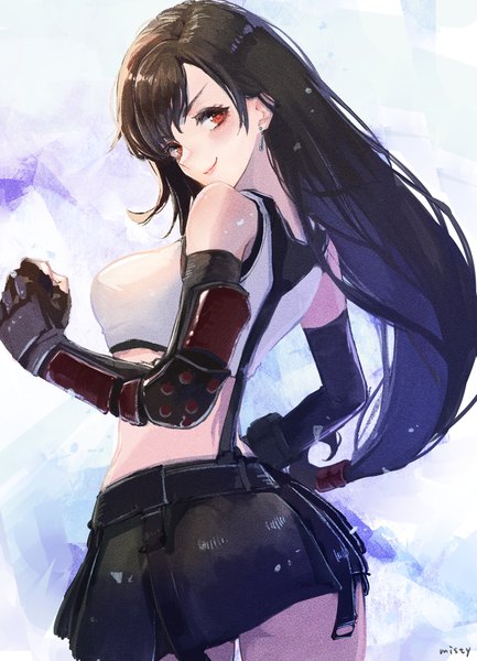 Anime picture 1500x2080 with final fantasy final fantasy vii final fantasy vii remake square enix tifa lockhart misty cj single long hair tall image light erotic black hair smile red eyes standing looking back from behind midriff low ponytail girl skirt