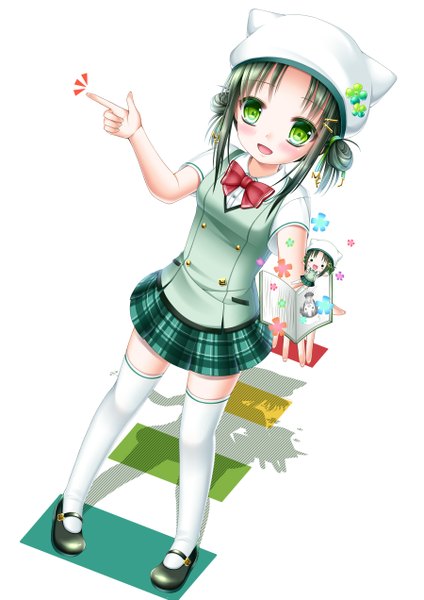 Anime picture 900x1272 with original shitou single tall image looking at viewer blush short hair open mouth simple background white background green eyes green hair shadow zettai ryouiki girl thighhighs dress white thighhighs bowtie cap