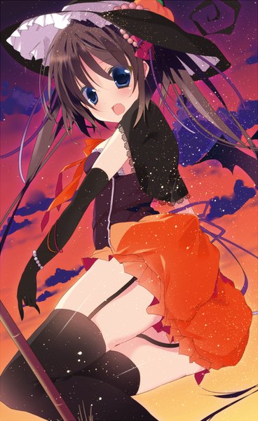 Anime picture 840x1370 with original kisaragi kiriha single long hair tall image blush open mouth blue eyes black hair twintails halloween witch girl thighhighs dress gloves black thighhighs elbow gloves witch hat