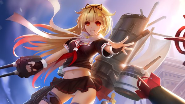 Anime picture 3093x1740 with kantai collection yuudachi destroyer zhuore zhi hen single long hair looking at viewer highres light erotic blonde hair red eyes wide image pleated skirt pantyshot grin outstretched arm remodel (kantai collection) girl skirt gloves navel
