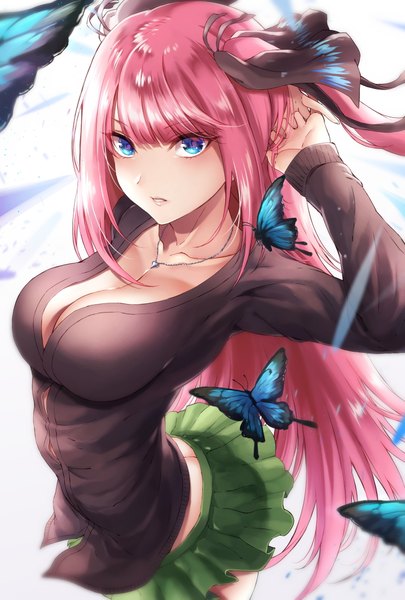 Anime picture 1485x2200 with go-toubun no hanayome nakano nino hikari (komitiookami) single long hair tall image looking at viewer blush fringe breasts blue eyes light erotic large breasts standing white background payot pink hair cleavage parted lips pleated skirt