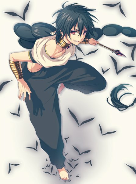Anime picture 1041x1400 with magi the labyrinth of magic a-1 pictures judal chi yu single tall image black hair simple background red eyes white background braid (braids) very long hair traditional clothes barefoot from above shadow single braid boy choker bracelet