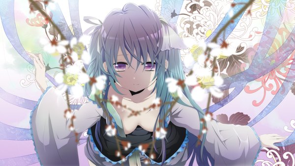 Anime picture 2000x1125 with vocaloid hatsune miku mariwai (marireroy) single long hair highres wide image purple eyes long sleeves aqua hair girl dress flower (flowers)