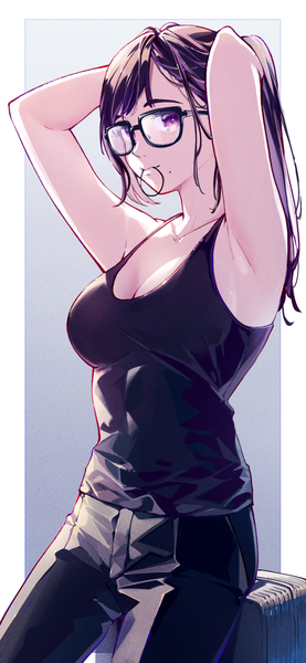 Anime picture 1125x2436 with summertime render minakata hizuru hatski.sin single long hair tall image breasts black hair simple background purple eyes looking away cleavage mole armpit (armpits) sleeveless border arms behind head mole under mouth outside border hair tie in mouth