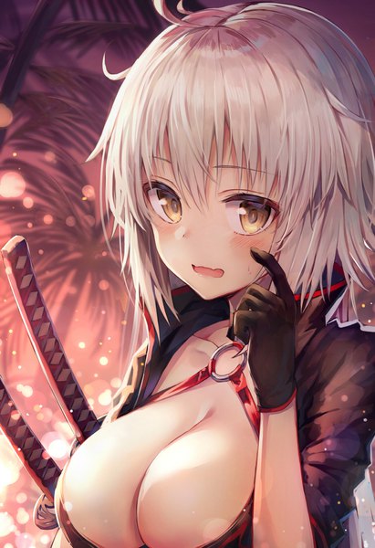 Anime picture 755x1100 with fate (series) fate/grand order jeanne d'arc (fate) (all) jeanne d'arc alter (fate) jeanne d'arc alter (swimsuit berserker) (fate) huwari (dnwls3010) single long hair tall image looking at viewer blush fringe breasts open mouth light erotic large breasts yellow eyes payot cleavage silver hair