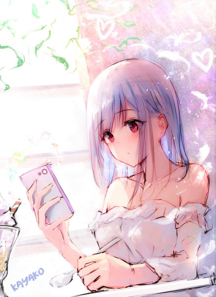 Anime picture 1476x2031 with original kayakooooo single long hair tall image blush breasts light erotic red eyes bare shoulders holding signed looking away purple hair girl detached sleeves food heart sweets mobile phone