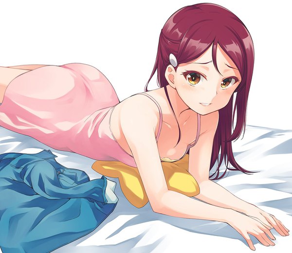 Anime-Bild 1360x1180 mit love live! sunshine!! sunrise (studio) love live! sakurauchi riko nanotsuki single long hair looking at viewer blush light erotic white background bare shoulders yellow eyes cleavage red hair lying parted lips on stomach girl underwear