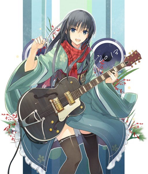 Anime picture 1024x1197 with original miz22 single long hair tall image looking at viewer open mouth black hair japanese clothes black eyes girl thighhighs black thighhighs kimono scarf obi guitar red scarf