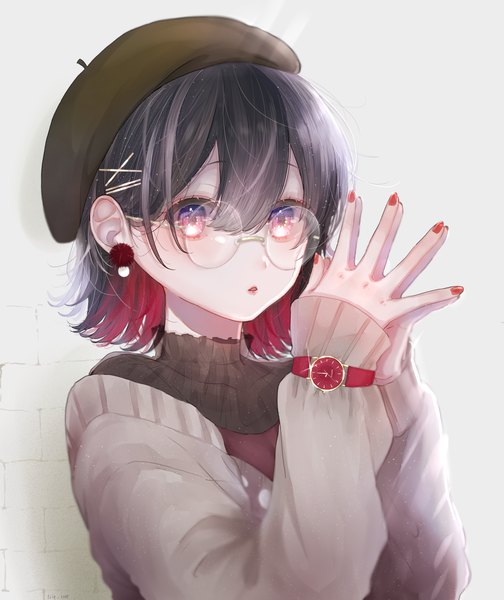 Anime picture 2350x2800 with original klasse14 ichijiku (user yhjw8354) single tall image looking at viewer fringe highres short hair open mouth black hair hair between eyes upper body red hair nail polish pink eyes multicolored hair two-tone hair lipstick sleeves past wrists