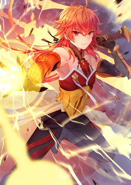 Anime picture 1062x1500 with fate (series) fate/grand order rama (fate/grand order) satoimo (3311 mi) single long hair tall image looking at viewer fringe hair between eyes red eyes ahoge bent knee (knees) red hair outstretched arm weapon over shoulder boy weapon sword corset