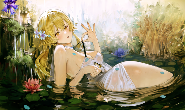 Anime picture 5600x3340 with genshin impact lumine (genshin impact) ah (pixiv62888100) single long hair looking at viewer blush fringe highres breasts light erotic blonde hair hair between eyes wide image large breasts yellow eyes absurdres cleavage outdoors lying