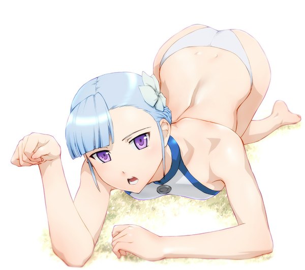 Anime picture 1000x885 with rinne no lagrange production i.g fin e ld si laffinty ueyama michirou single looking at viewer short hair open mouth light erotic simple background white background purple eyes blue hair ass on all fours paw pose girl hair ornament swimsuit hairclip