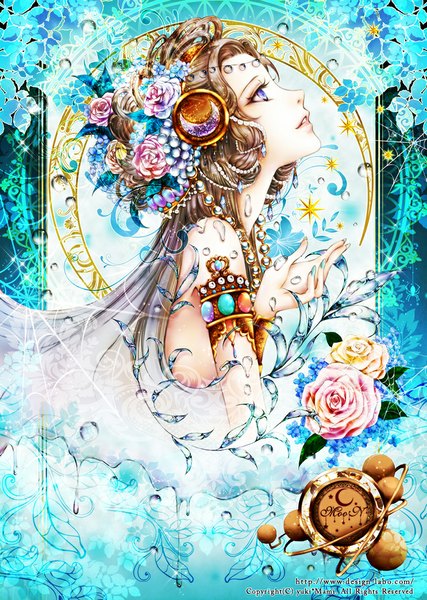 Anime picture 754x1059 with original yuki mami single long hair tall image blue eyes brown hair looking away profile girl hair ornament flower (flowers) jewelry