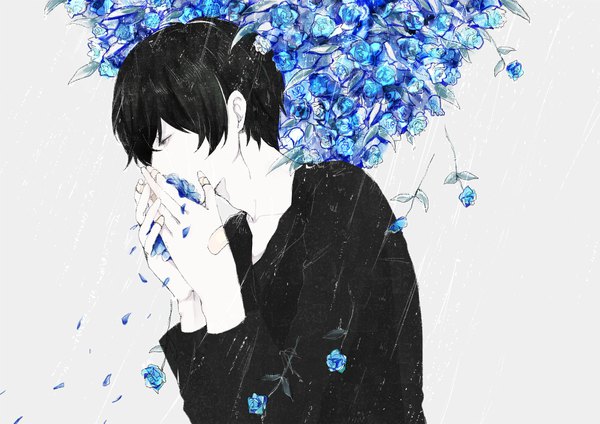 Anime picture 1000x708 with original meiya1230 single fringe short hair black hair simple background looking away upper body profile hair over one eye grey background rain covered mouth bandaid on hand boy flower (flowers) bandaid