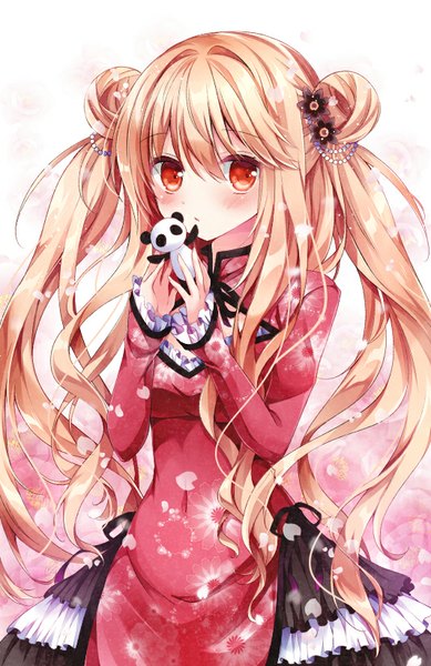 Anime picture 533x821 with original nogi takayoshi single long hair tall image looking at viewer blush fringe simple background blonde hair red eyes white background twintails holding upper body parted lips hair flower hair bun (hair buns) floral print girl
