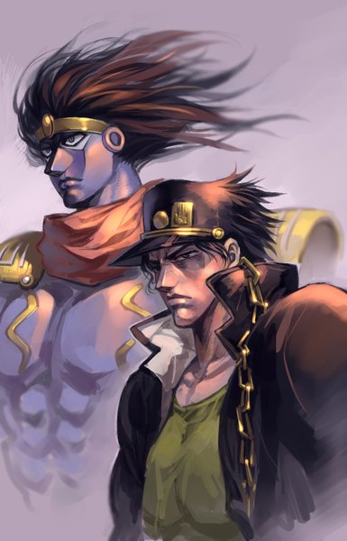 Anime picture 900x1400 with jojo no kimyou na bouken kujo jotaro star platinum ruukii drift tall image short hair blue eyes black hair simple background wind grey background stand (jojo) boy uniform school uniform chain flat cap gakuran